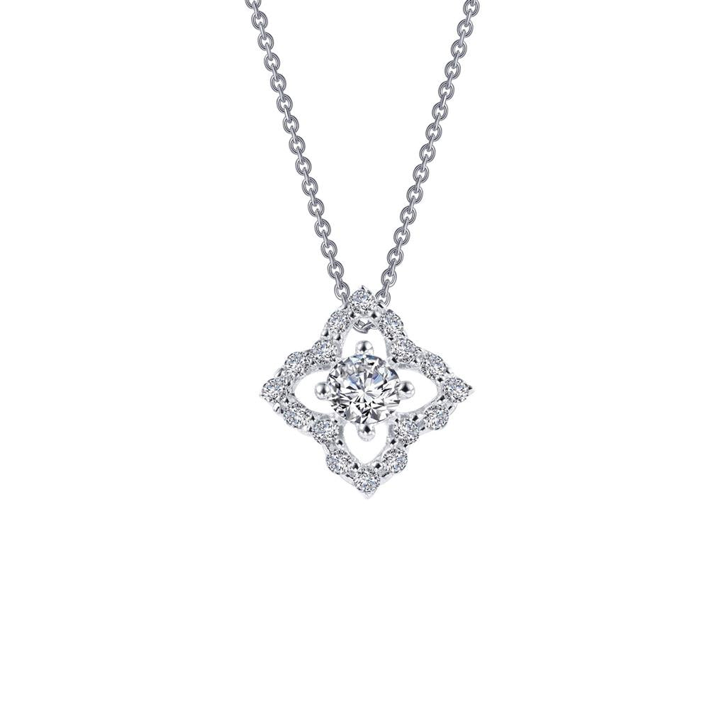 The Lafonn Half Carat Flower Necklace boasts a silver chain adorned with an ornate pendant. This pendant showcases intricate patterns and is embellished with numerous small diamonds totaling 0.49 CTW, centered around a larger, prominent diamond. The design radiates elegance and sophistication.