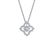 The Lafonn Half Carat Flower Necklace boasts a silver chain adorned with an ornate pendant. This pendant showcases intricate patterns and is embellished with numerous small diamonds totaling 0.49 CTW, centered around a larger, prominent diamond. The design radiates elegance and sophistication.