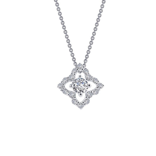 The Lafonn Half Carat Flower Necklace boasts a silver chain adorned with an ornate pendant. This pendant showcases intricate patterns and is embellished with numerous small diamonds totaling 0.49 CTW, centered around a larger, prominent diamond. The design radiates elegance and sophistication.