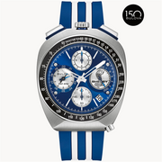 The Bulova Watch Company SHELBY® Racer Chronograph features blue and white stripes, a blue dial with silver subdials, a Cobra logo, tachymeter scale, and a blue/white silicone strap to mark Bulova’s 150th anniversary.