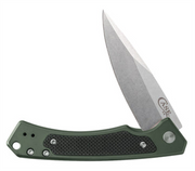 A folding pocket knife from W.R. Case & Sons Cutlery Co., featuring a partially open blade. The handle is crafted from green anodized aluminum with a Black G-10 inlay and metallic hardware, while the matte-finish blade has "CASE" engraved near the base.