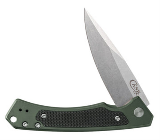 A folding pocket knife from W.R. Case & Sons Cutlery Co., featuring a partially open blade. The handle is crafted from green anodized aluminum with a Black G-10 inlay and metallic hardware, while the matte-finish blade has "CASE" engraved near the base.