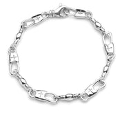 The Denali Pro Jewelers' 'Fisher of Men' bracelet is a simple yet elegant 8.00" silver piece featuring links with engraved crosses, oval connectors, and small bead-like accents. The design showcases a combination of polished and textured metal finishes and is secured with a swivel lobster clasp.