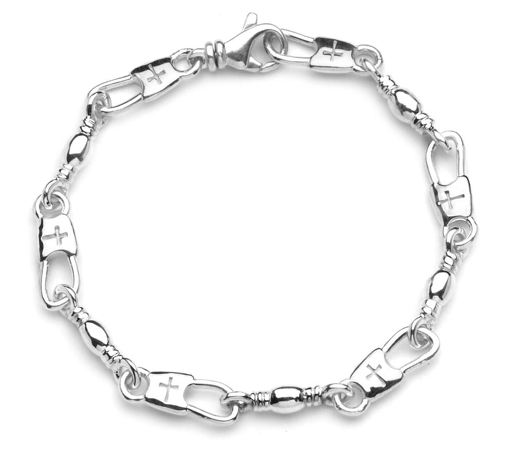The Denali Pro Jewelers' 'Fisher of Men' bracelet is a simple yet elegant 8.00" silver piece featuring links with engraved crosses, oval connectors, and small bead-like accents. The design showcases a combination of polished and textured metal finishes and is secured with a swivel lobster clasp.