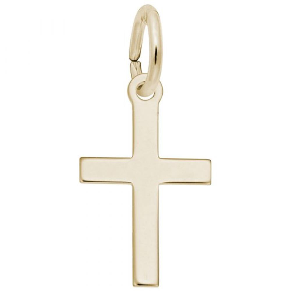 A minimalist small plain cross charm crafted in gold-plated sterling silver featuring a smooth finish and an attached circular loop for hanging. This elegant design by Rembrandt Charms offers timeless beauty without any added embellishments.
