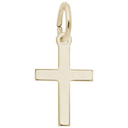 A minimalist small plain cross charm crafted in gold-plated sterling silver featuring a smooth finish and an attached circular loop for hanging. This elegant design by Rembrandt Charms offers timeless beauty without any added embellishments.