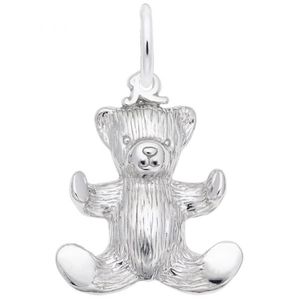'Sterling silver charm depicting a teddy bear with detailed fur texture. Style 8243, 0.6 in x 0.67 in (15.2 mm x 16.98 mm).'