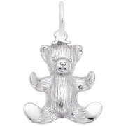 'Sterling silver charm depicting a teddy bear with detailed fur texture. Style 8243, 0.6 in x 0.67 in (15.2 mm x 16.98 mm).'