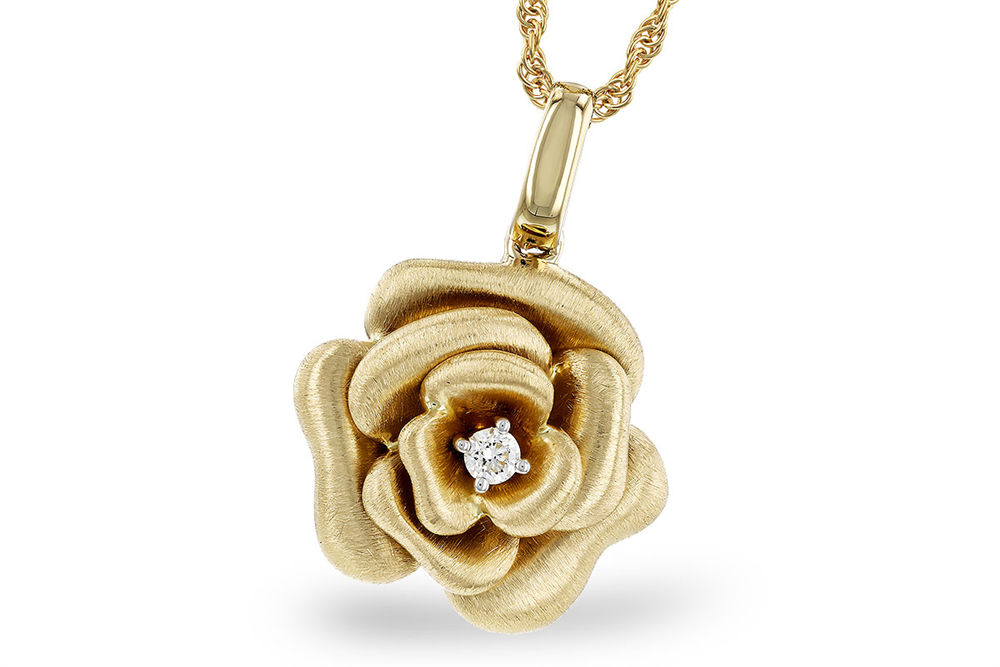 The Allison Kaufman N8652 14K YG Diamond Rose Necklace features a gold rose pendant with a textured finish and center diamond, suspended from a twisted gold chain.