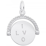 A round silver charm from Rembrandt Charms, measuring 0.7 inches by 0.62 inches, featuring an attached loop at the top and engraved with the letters "I V L O" arranged in a vertical line. The charm is adorned with a decorative arch-like element showcasing a rope pattern on the upper half, making it a unique I Love You Spinner Charm.