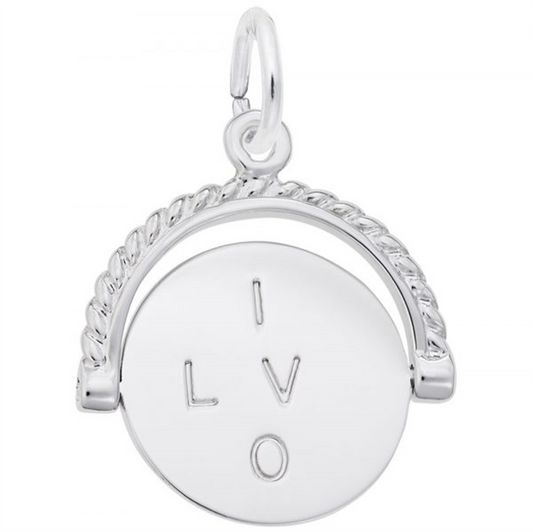 A round silver charm from Rembrandt Charms, measuring 0.7 inches by 0.62 inches, featuring an attached loop at the top and engraved with the letters "I V L O" arranged in a vertical line. The charm is adorned with a decorative arch-like element showcasing a rope pattern on the upper half, making it a unique I Love You Spinner Charm.