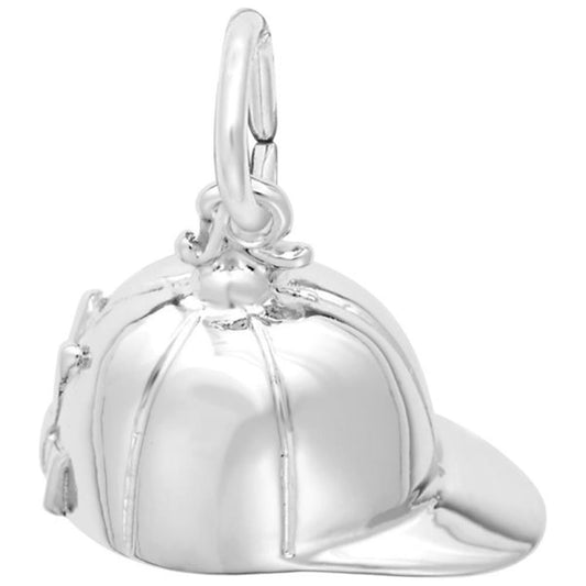 The Riding Hat Charm by Rembrandt Charms is a polished sterling silver accessory featuring a loop on top for attaching to a bracelet or necklace. Its structured form includes a curved brim and detailed stitching along the panels, making it as elegant as any baseball cap charm.