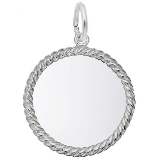 The Rembrandt Charms Rope Disc Charm in sterling silver features a shiny, round pendant with a rope-like textured border and a smooth, reflective center. The charm includes a small loop at the top for easy attachment to a chain or bracelet.