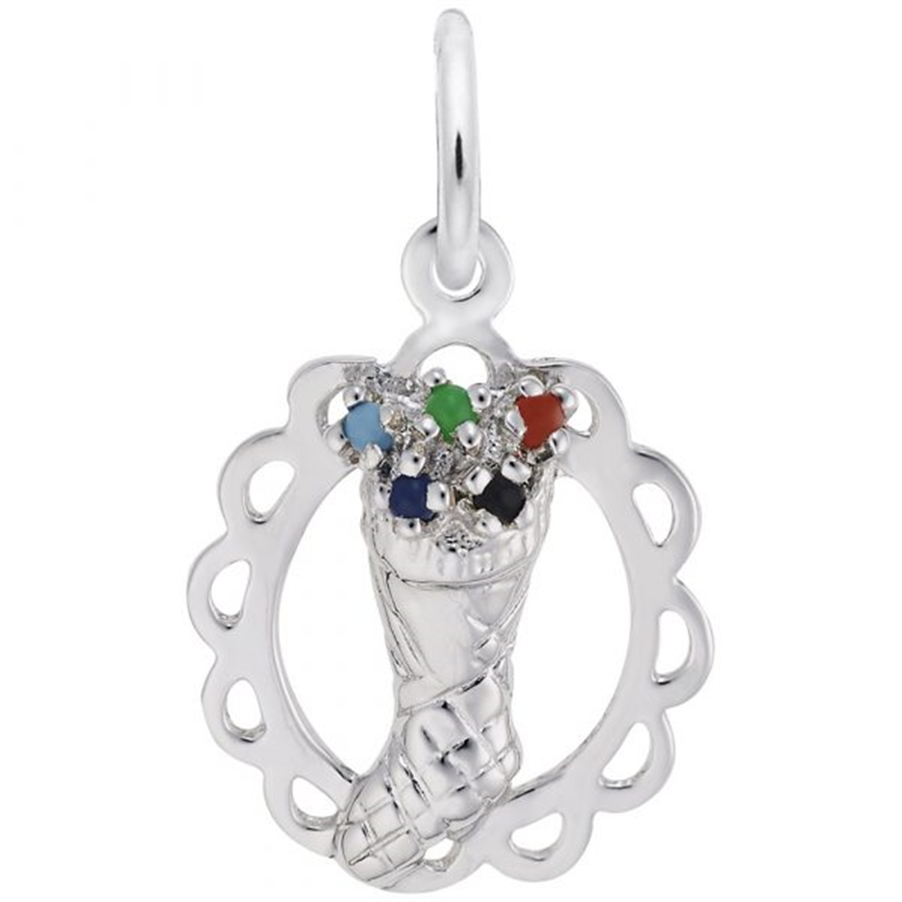 The Christmas Stocking Charm by Rembrandt Charms features a sterling silver stocking overflowing with tiny colorful beads, framed by a scalloped oval border and finished with a convenient bail—making this festive jewelry piece a delightful holiday keepsake.