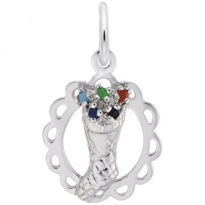 The Christmas Stocking Charm by Rembrandt Charms features a sterling silver stocking overflowing with tiny colorful beads, framed by a scalloped oval border and finished with a convenient bail—making this festive jewelry piece a delightful holiday keepsake.