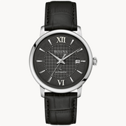 The Bulova Hudson Black Dial Leather Strap Watch by Bulova Watch Company features a black leather strap, silver case, sapphire crystal, black textured dial, silver markers, Roman numerals at 12 and 6, date at 3 o'clock, and "AUTOMATIC" above 6.