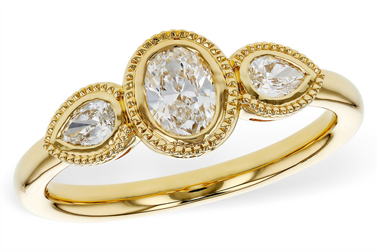 The Allison Kaufman 14k yellow gold 3 (oval and pear) stone ring features a bezel-set oval center diamond, two pear-shaped side diamonds, and intricate bead detailing for an elegant, timeless design.