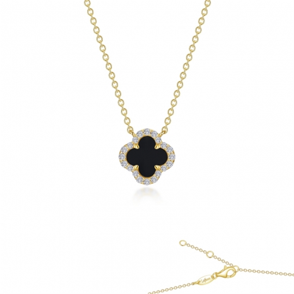 Introducing the Lafonn NK CL S.S GP 0.49 CTW BLCK ONYX GOOD LUCK necklace—a stunning gold chain necklace designed with a clover-shaped pendant showcasing a black onyx center and outlined with sparkling white stones. With a 0.49 CTW design symbolizing good luck, it features a secure lobster clasp closure.
