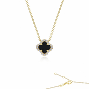 Introducing the Lafonn NK CL S.S GP 0.49 CTW BLCK ONYX GOOD LUCK necklace—a stunning gold chain necklace designed with a clover-shaped pendant showcasing a black onyx center and outlined with sparkling white stones. With a 0.49 CTW design symbolizing good luck, it features a secure lobster clasp closure.
