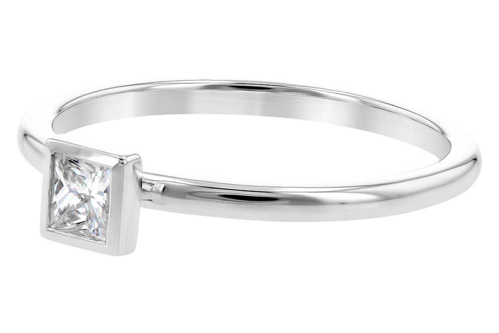 The Allison Kaufman 14K Solitaire Ring with Princess-Cut Diamond showcases a sleek white gold band featuring a clear, princess-cut diamond in a modern, minimalist bezel setting. The simple band enhances the elegance and brilliance of the gemstone.