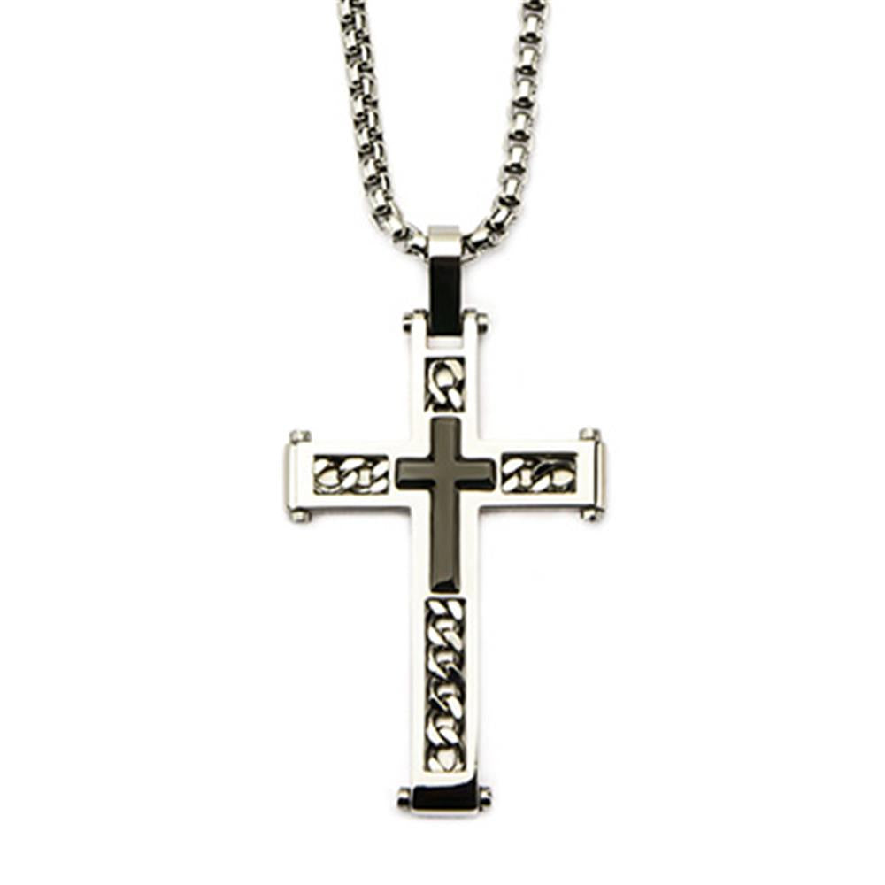 The Steel & Red Plated Dante Cross Pendant with Chain by INOX features a striking design that harmoniously blends modern and traditional elements. This men's stainless steel pendant boasts intricate chain link details and a smaller black cross proudly displayed in the center, all suspended from a 24-inch bold box chain.