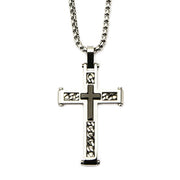 The Steel & Red Plated Dante Cross Pendant with Chain by INOX features a striking design that harmoniously blends modern and traditional elements. This men's stainless steel pendant boasts intricate chain link details and a smaller black cross proudly displayed in the center, all suspended from a 24-inch bold box chain.