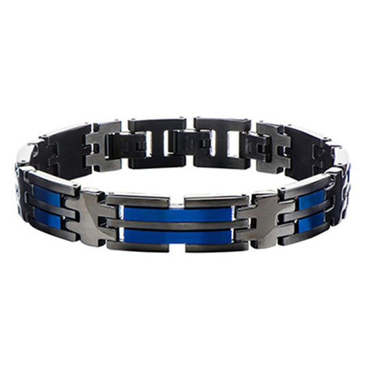 The INOX Men's Stainless Steel Black & Blue IP Link Bracelet with 2 Self-Adjust showcases a modern and sleek design with adjustable links, featuring contrasting black and blue segments.
