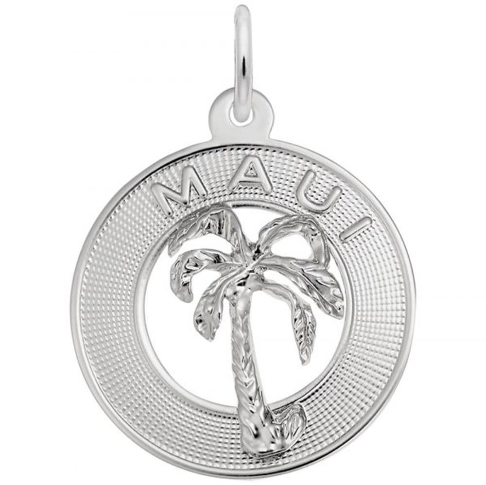 The Maui Palm Charm by Rembrandt Charms is a circular sterling silver pendant featuring a textured background. The word "MAUI" is engraved at the top, and in the center, there is a raised image of a palm tree. A small loop at the top allows the pendant to be attached to an Ss chain or bracelet.