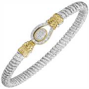 Introducing the 4mm Lasso Pave Diamond Bangle Bracelet by Alwand Vahan Jewelry—a silver textured bracelet highlighted by a gold and diamond-encrusted clasp centerpiece, featuring intricate design details and dazzling pave-style diamond accents.