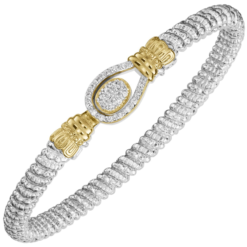 Introducing the 4mm Lasso Pave Diamond Bangle Bracelet by Alwand Vahan Jewelry—a silver textured bracelet highlighted by a gold and diamond-encrusted clasp centerpiece, featuring intricate design details and dazzling pave-style diamond accents.