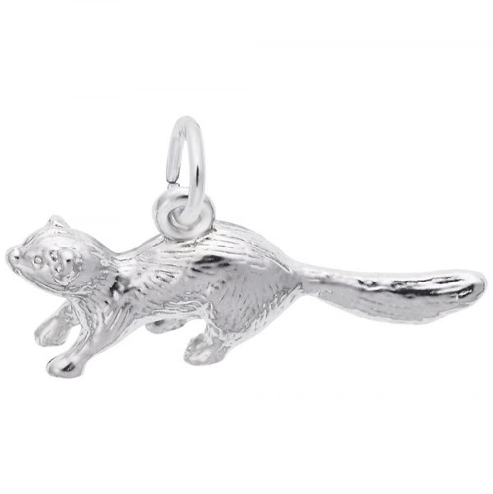 The Ferret Charm by Rembrandt Charms is a sterling silver pendant crafted in the shape of a ferret, featuring detailed fur texture and a long bushy tail. An attached ring allows it to be added to any necklace chain. This charming piece makes an elegant addition to any jewelry collection.