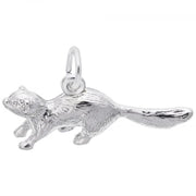 The Ferret Charm by Rembrandt Charms is a sterling silver pendant crafted in the shape of a ferret, featuring detailed fur texture and a long bushy tail. An attached ring allows it to be added to any necklace chain. This charming piece makes an elegant addition to any jewelry collection.