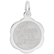 Introducing the Birthday Disc Charm in Sterling Silver from Rembrandt Charms: This elegant sterling silver keychain pendant features a beautiful flower shape with a textured center. The words "Happy Birthday" are engraved in a graceful cursive font across the middle of this charming birthday disc.