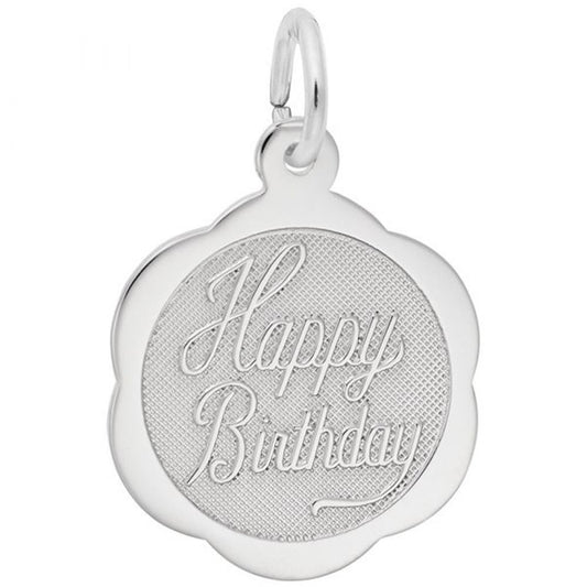 Introducing the Birthday Disc Charm in Sterling Silver from Rembrandt Charms: This elegant sterling silver keychain pendant features a beautiful flower shape with a textured center. The words "Happy Birthday" are engraved in a graceful cursive font across the middle of this charming birthday disc.