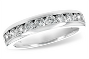 The Allison Kaufman 14k white gold channel set wedding band features a row of round-cut diamonds totaling 1 carat, elegantly arranged in a classic design with “14K” engraved on the inner band.