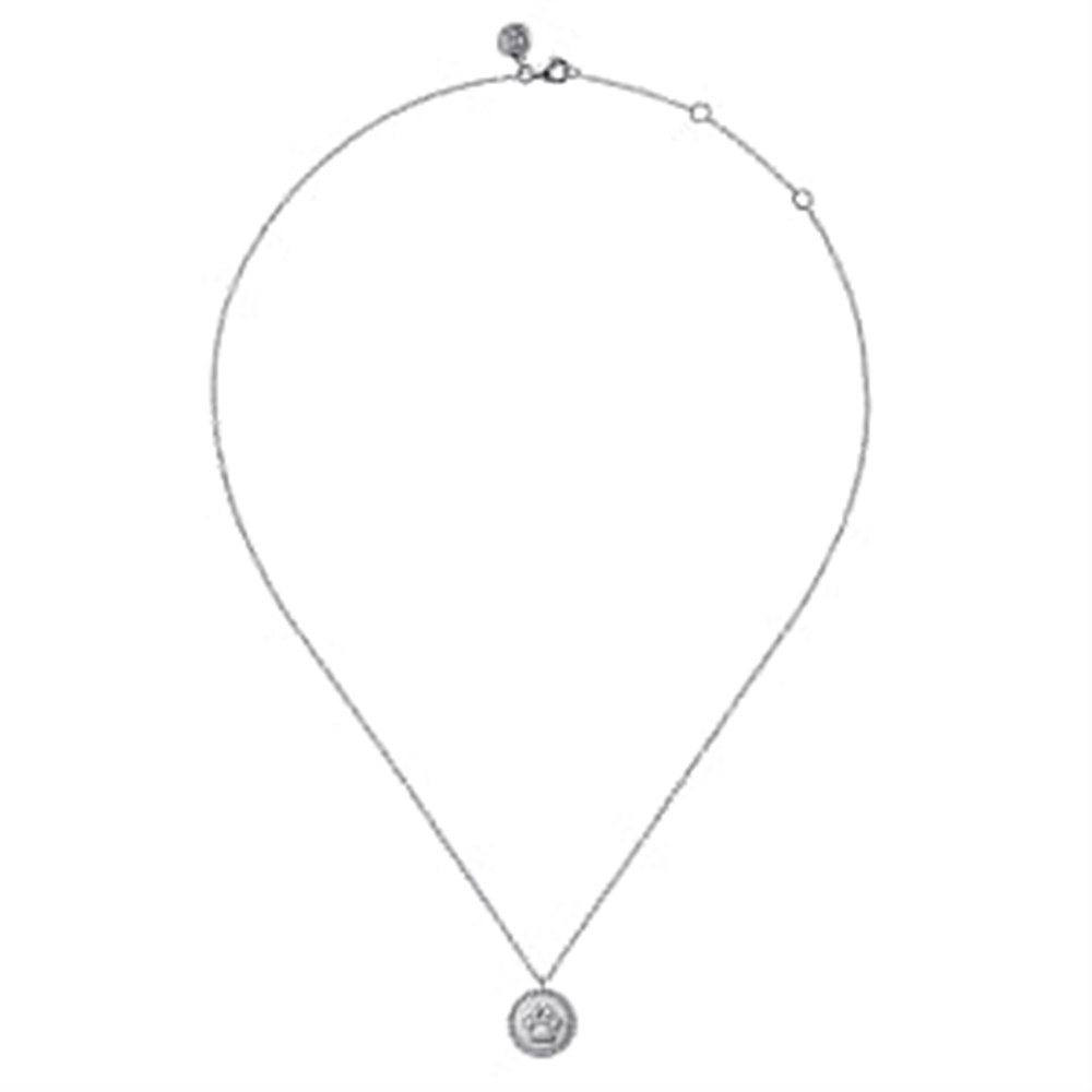 A delicate silver necklace from the Bujukan Collection by Gabriel & Co, featuring a circular paw print pendant with an intricate design. The 925 Sterling Silver chain is laid out flat with the pendant at the bottom center, showcasing its elegant and simple style. The chain has a small clasp and two adjustable rings near the top. This exquisite piece is marked under Serial No: [insert serial number].