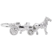 The Rembrandt Charms Horse And Carriage Charm in sterling silver showcases a beautifully detailed design, featuring a horse with a bridle and a four-wheeled carriage with an open seating area. It also includes a small loop for easy attachment to any bracelet or necklace.