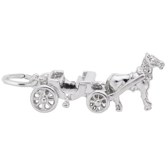 The Rembrandt Charms Horse And Carriage Charm in sterling silver showcases a beautifully detailed design, featuring a horse with a bridle and a four-wheeled carriage with an open seating area. It also includes a small loop for easy attachment to any bracelet or necklace.