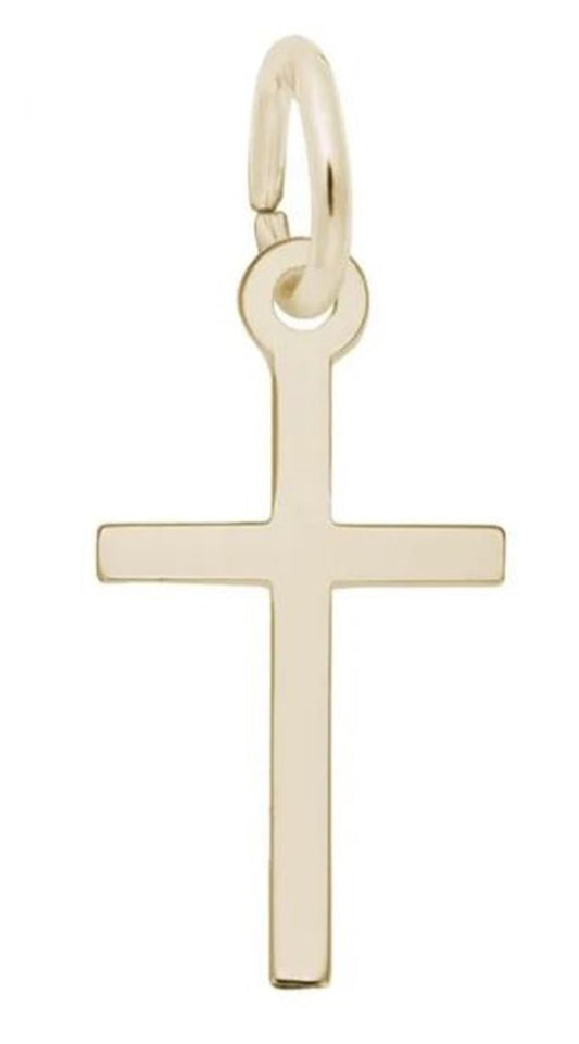 The Small Thin Cross Charm from Rembrandt Charms is crafted in 10K yellow gold, featuring a smooth, shiny surface. It hangs elegantly from a small circular loop at the top, showcasing clean lines and a minimalist design that makes it perfect for wearing on a necklace.