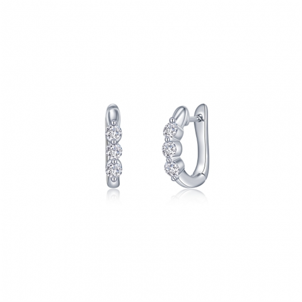 A pair of Lafonn W 3 stone huggies is displayed. These silver hoop earrings feature three round diamonds set in a vertical row along the front outer edge. The earrings have a polished, shiny finish and a hinged closure. The image shows both a front and side view of the earrings.