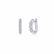 A pair of Lafonn W 3 stone huggies is displayed. These silver hoop earrings feature three round diamonds set in a vertical row along the front outer edge. The earrings have a polished, shiny finish and a hinged closure. The image shows both a front and side view of the earrings.
