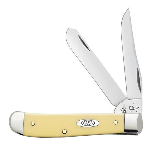 A Yellow Synthetic Smooth Mini Trapper Knife | Case with a yellow handle and two stainless steel blades partially open. The handle has a silver oval emblem inscribed with "CASE." The shiny, reflective blades include one marked "CASE XX" near its base, highlighting the Mini Trapper Style 00029. 

Available from W.R. Case & Sons Cutlery Co.