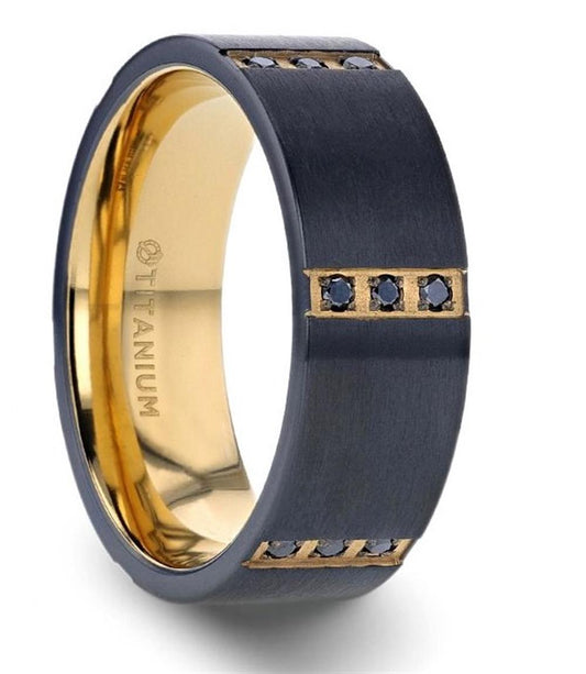Introducing the MURAMASA Flat Brushed Black Titanium Ring by Thorsten—this sleek, modern ring showcases six black gemstones set in two vertical rows on the outer band. The interior is gold-plated and engraved with "TITANIUM," making this stunning piece a perfect blend of elegance and durability for any occasion.