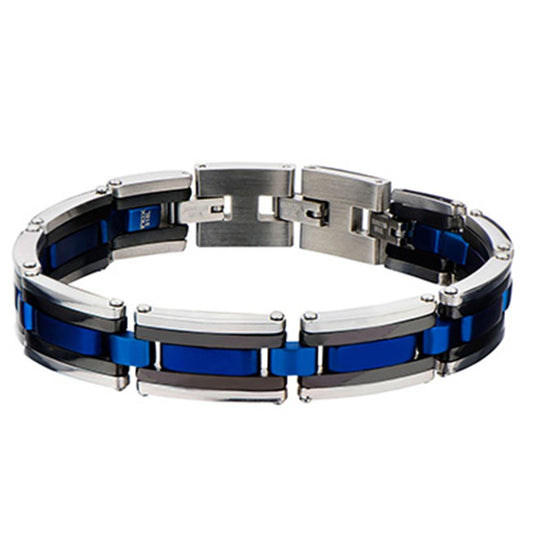Experience the stylish INOX Men's Stainless Steel Black, Blue IP & Steel Links Bracelet. This bracelet is crafted with interlocking black, blue, and silver metal links and features a secure clasp closure. Its combination of bold colors and geometric shapes provides a sleek, contemporary, and fashionable appearance.