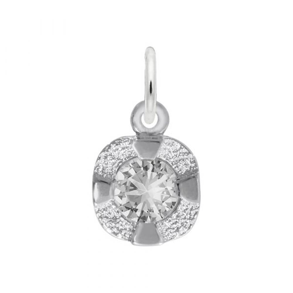 The Rembrandt Charms Petite Birthstone - April Charm in sterling silver features a round, sparkling diamond at its center. Designed with a loop at the top for attaching to a chain, the pendant showcases a partial cross pattern surrounding the diamond with small, glimmering stones. This piece is perfect as an April birthstone gift or as a petite keepsake.