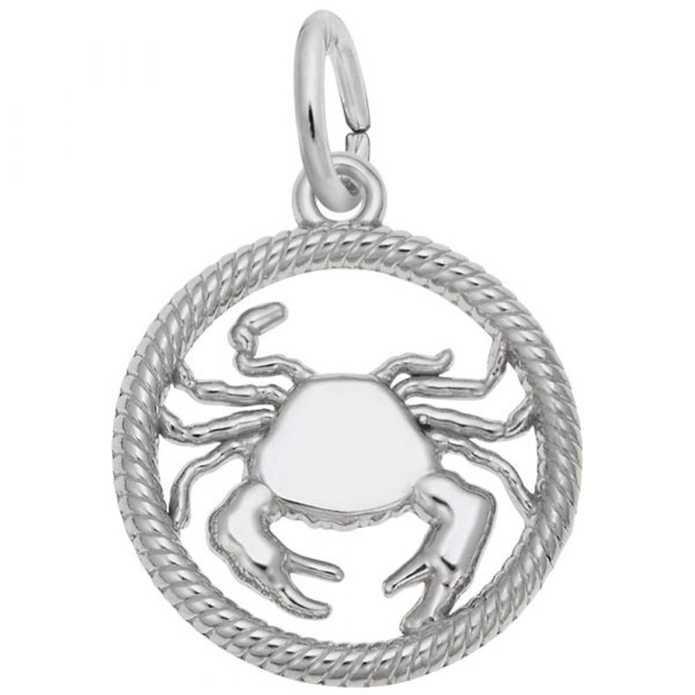 The Cancer Charm by Rembrandt Charms is a circular sterling silver pendant featuring a central crab design, bordered by a twisted rope-like edge and including a small loop at the top for easy attachment to a necklace or bracelet.