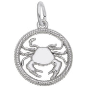 The Cancer Charm by Rembrandt Charms is a circular sterling silver pendant featuring a central crab design, bordered by a twisted rope-like edge and including a small loop at the top for easy attachment to a necklace or bracelet.