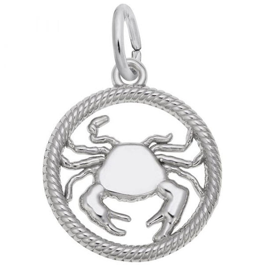 The Cancer Charm by Rembrandt Charms is a circular sterling silver pendant featuring a central crab design, bordered by a twisted rope-like edge and including a small loop at the top for easy attachment to a necklace or bracelet.