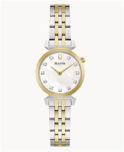 The Bulova Watch Company Regatta Classic 98P202 ladies watch features a round MOP face, diamond hour markers, gold accents, and a two-tone gold and silver link bracelet, displayed on a plain white background.