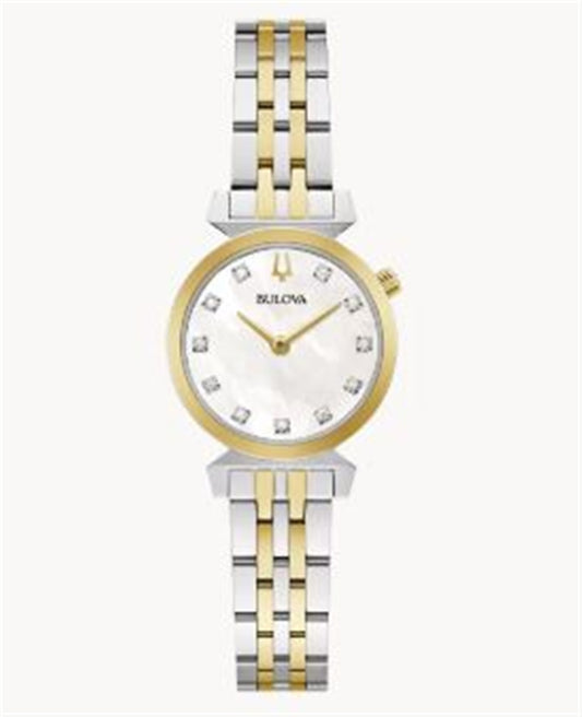 The Bulova Watch Company Regatta Classic 98P202 ladies watch features a round MOP face, diamond hour markers, gold accents, and a two-tone gold and silver link bracelet, displayed on a plain white background.